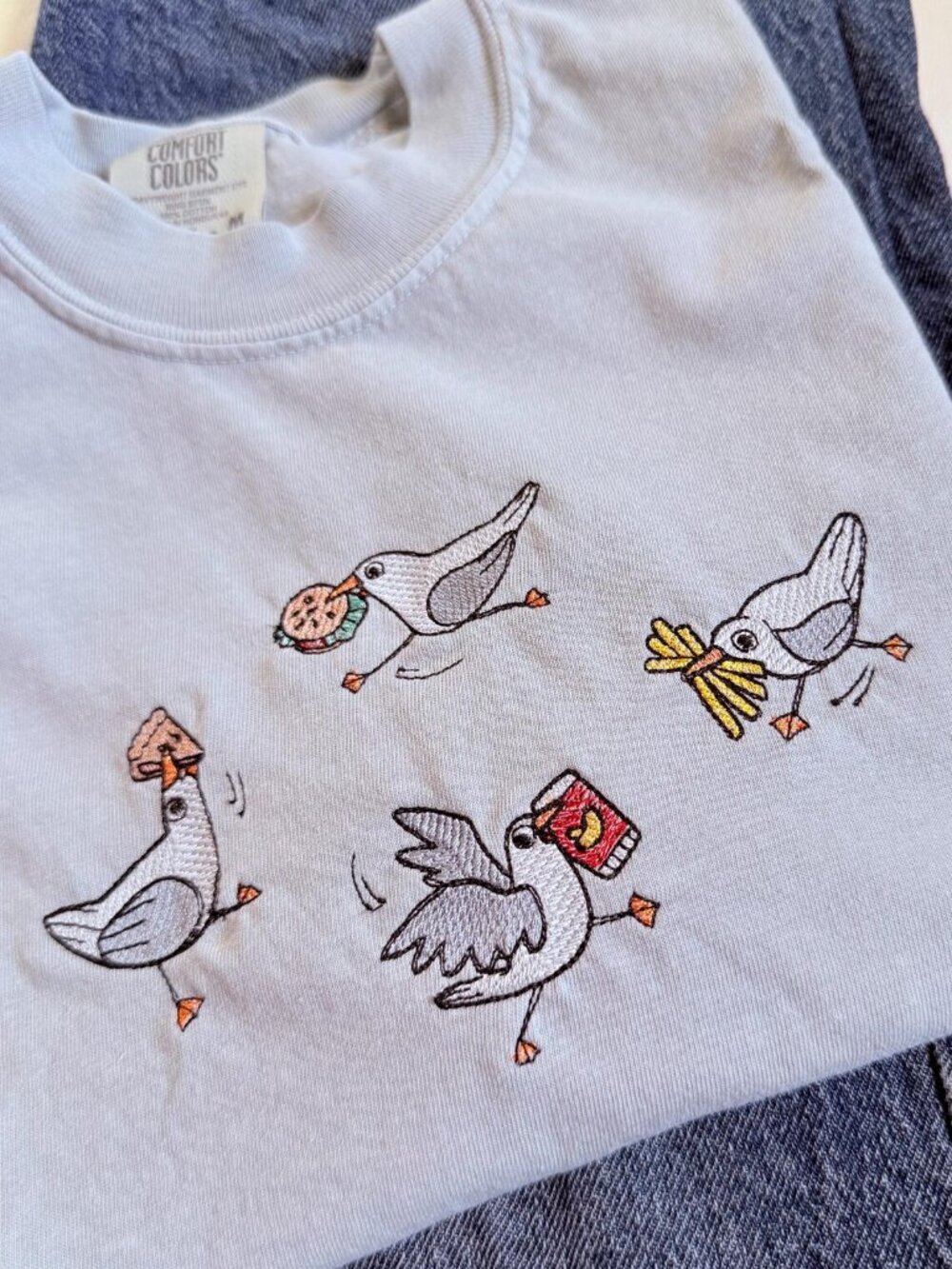 White T-Shirt Comfort Colors Silly Seagull Embroidered T-Shirt - Picture 3 of 5